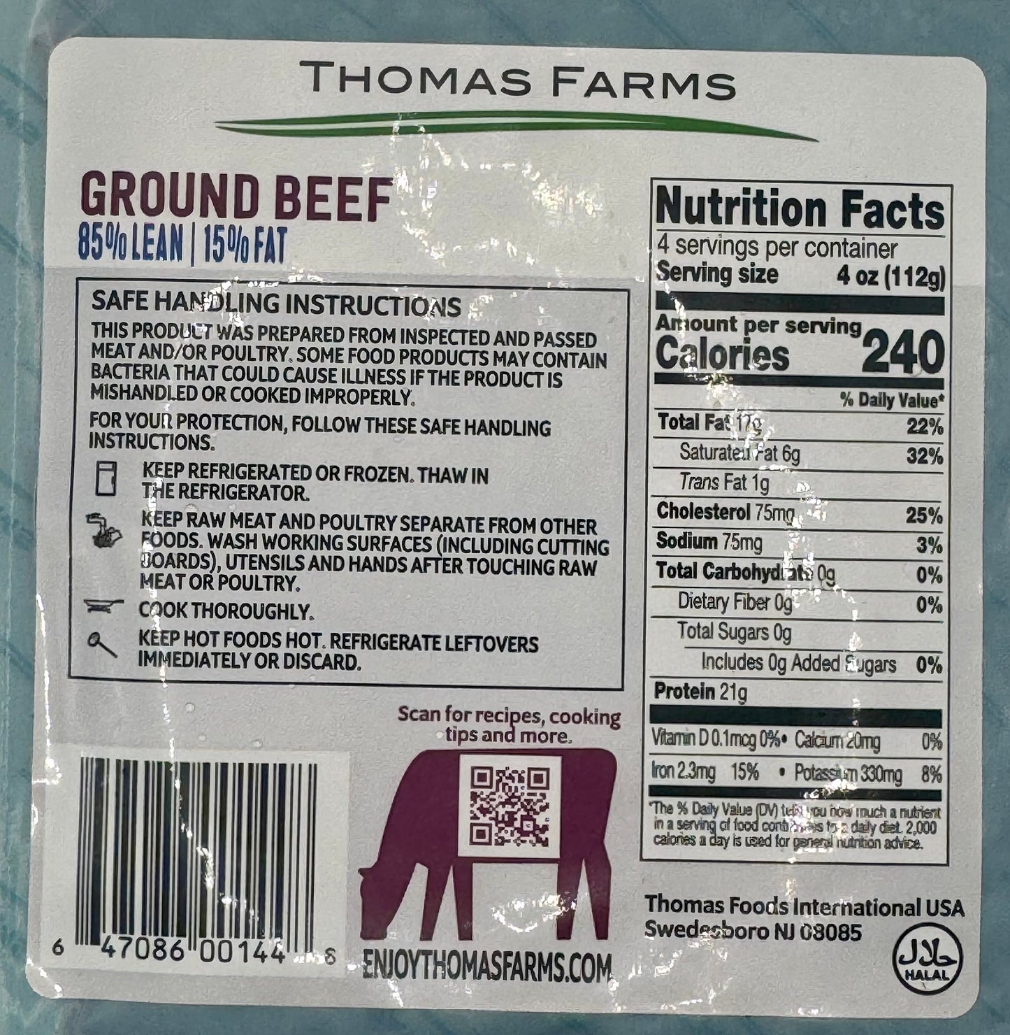 Zabiha Halal Ground Grass-Fed Beef 85/15 16oz Retail Pack