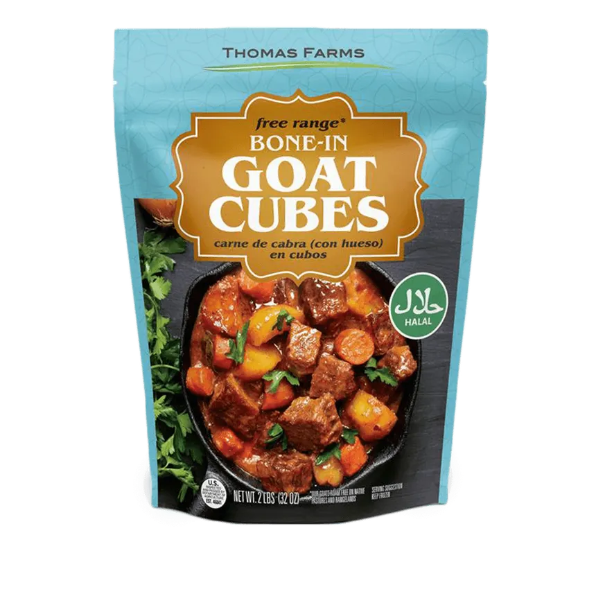 Zabiha Halal Free-Range BONE-IN Goat Cubes 2 lb Retail Bag