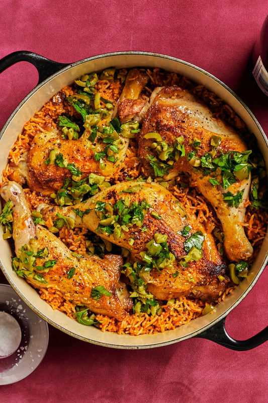 Halal cut-up chicken browned and steamed with basmati rice and whole spices in one pot