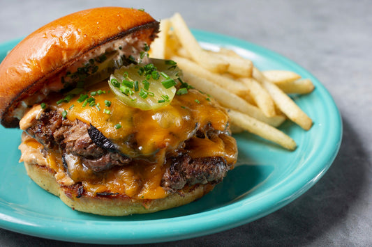 Halal wagyu beef double stack smash burger with a lacy caramelized crust