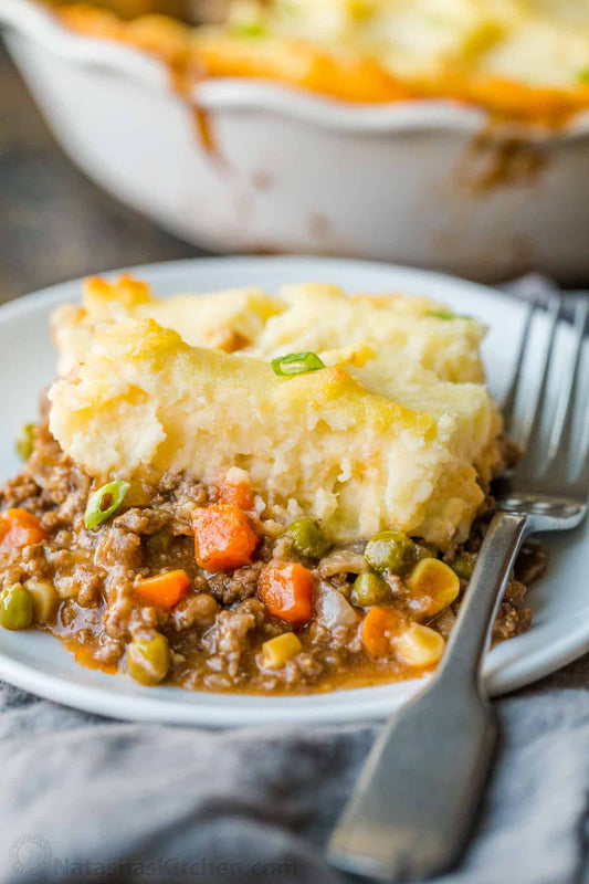 Halal free-range ground lamb shepherd's pie with a golden mashed potato crust
