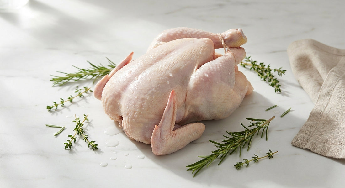 A fresh whole raw chicken on a white marble surface surrounded by rosemary and thyme, lit by soft natural light to convey premium quality and freshness.