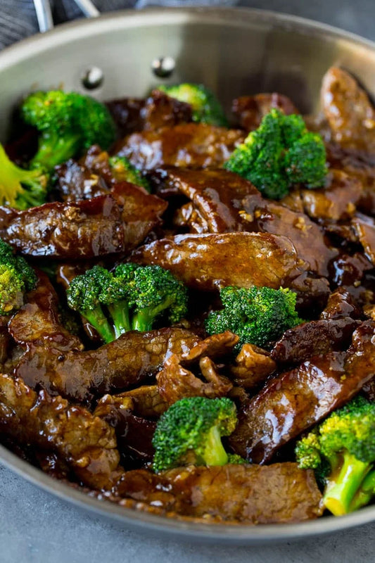 Halal grass-fed flank steak and broccoli stir-fry in a ginger garlic sauce