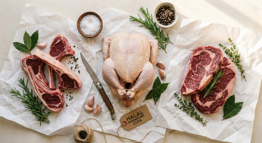 An editorial flat-lay of fresh premium halal meat cuts including lamb, chicken, and beef arranged on white butcher paper with fresh herbs under warm natural lighting.