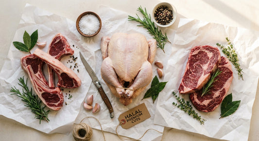 An editorial flat-lay of fresh premium halal meat cuts including lamb, chicken, and beef arranged on white butcher paper with fresh herbs under warm natural lighting.