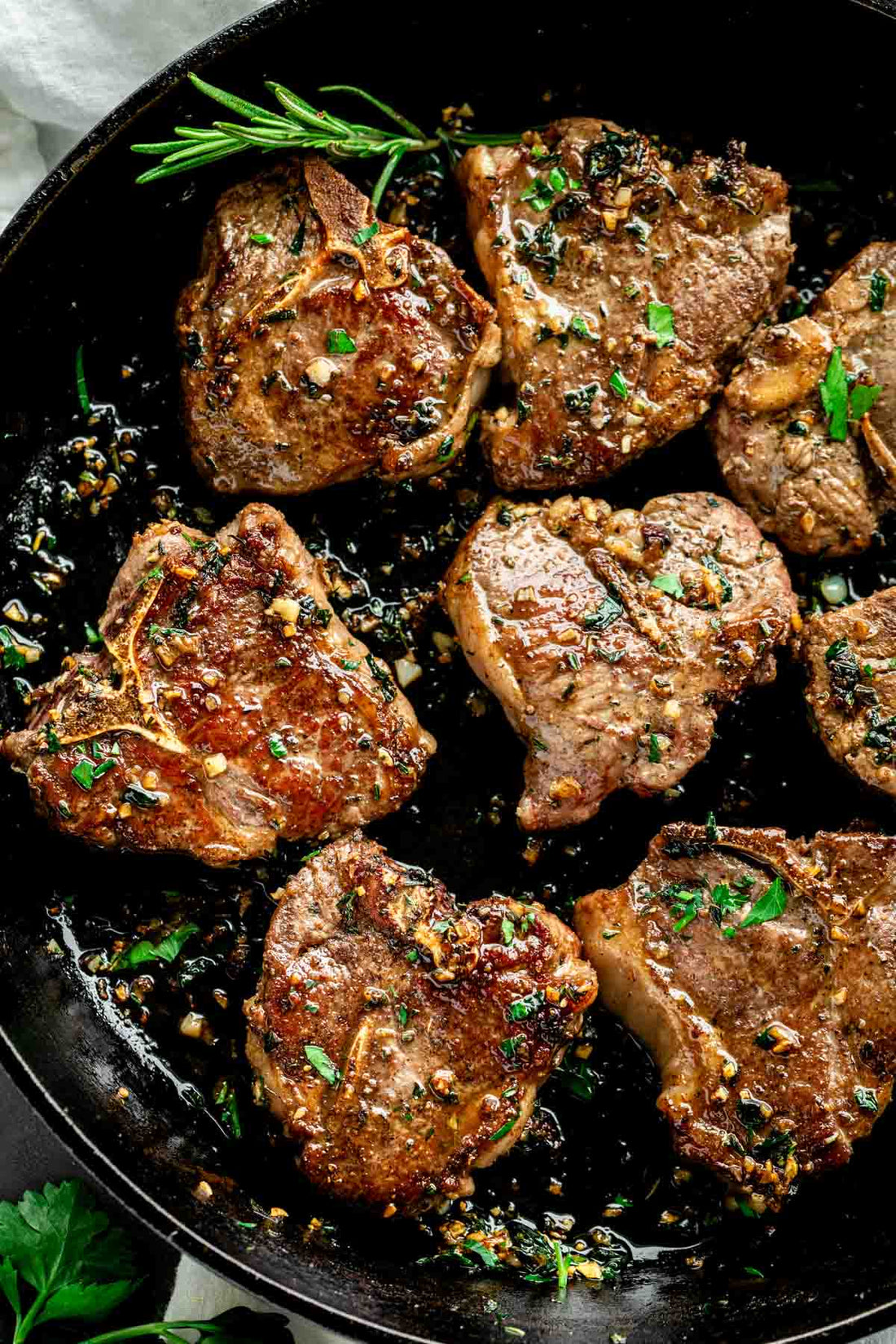 Pan-seared halal lamb loin chops basted with rosemary garlic butter