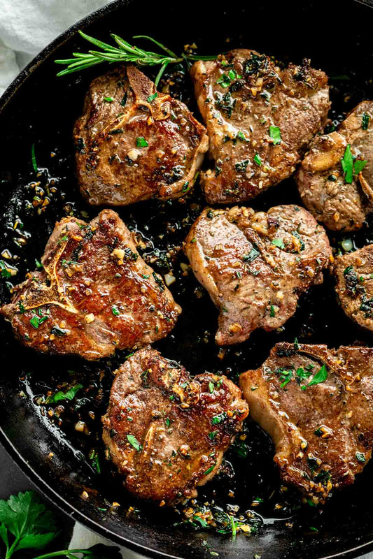 Pan-seared halal lamb loin chops basted with rosemary garlic butter