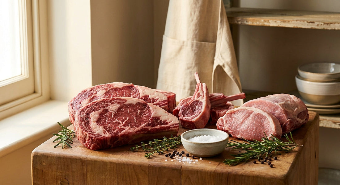 Fresh premium cuts of halal meat arranged on a rustic butcher block with herbs and spices in warm natural light, evoking quality and care in meat preparation.