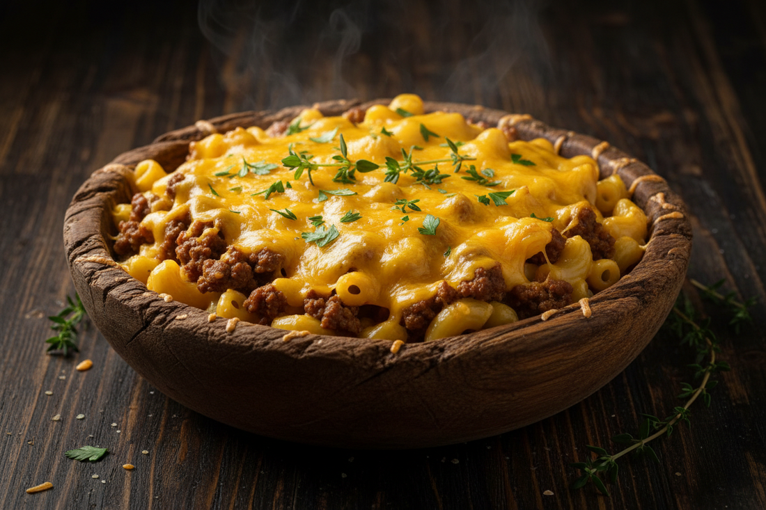Halal spiced ground beef mac and cheese in a baking dish