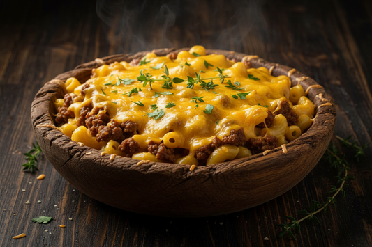 Halal spiced ground beef mac and cheese in a baking dish
