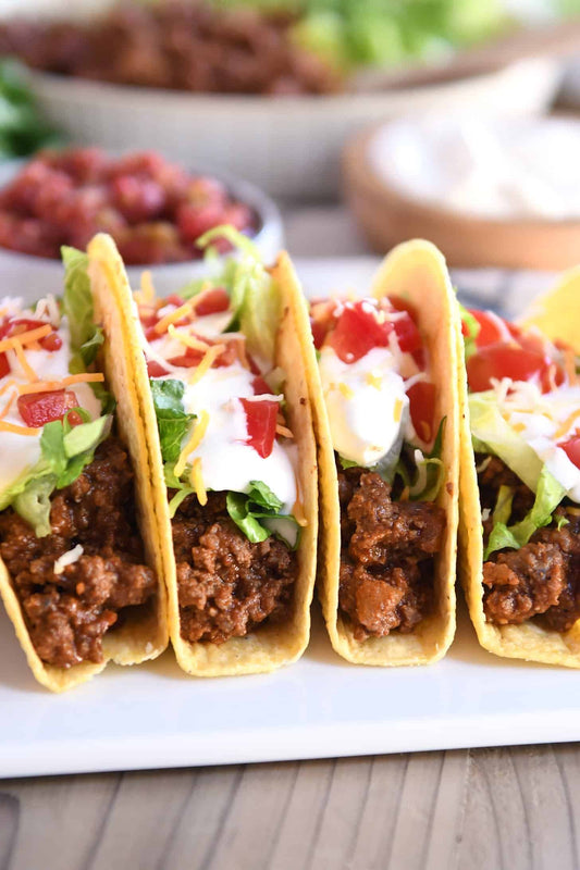 Halal grass-fed ground beef tacos seasoned with a homemade spice blend