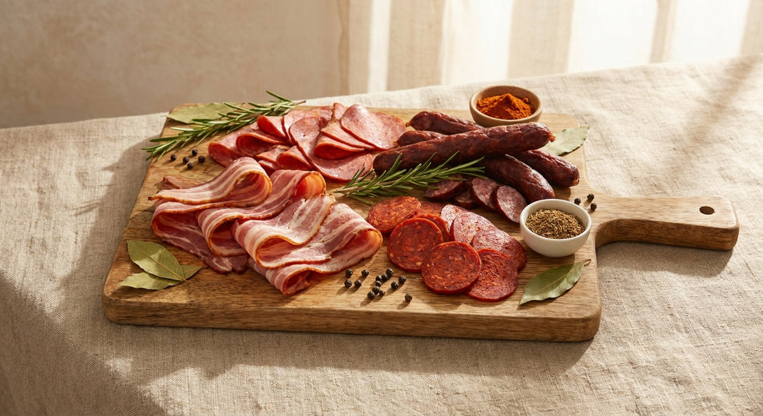 An overhead flat lay of sliced beef macon, halal pepperoni rounds, and BBQ sausage links arranged on a rustic wooden cutting board with fresh herbs and spices in warm natural light.