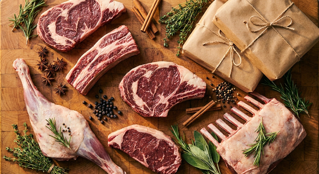A warm flat-lay of premium raw beef and lamb cuts arranged on a wooden butcher surface alongside kraft paper packages, fresh herbs, and warm spices in golden natural light.