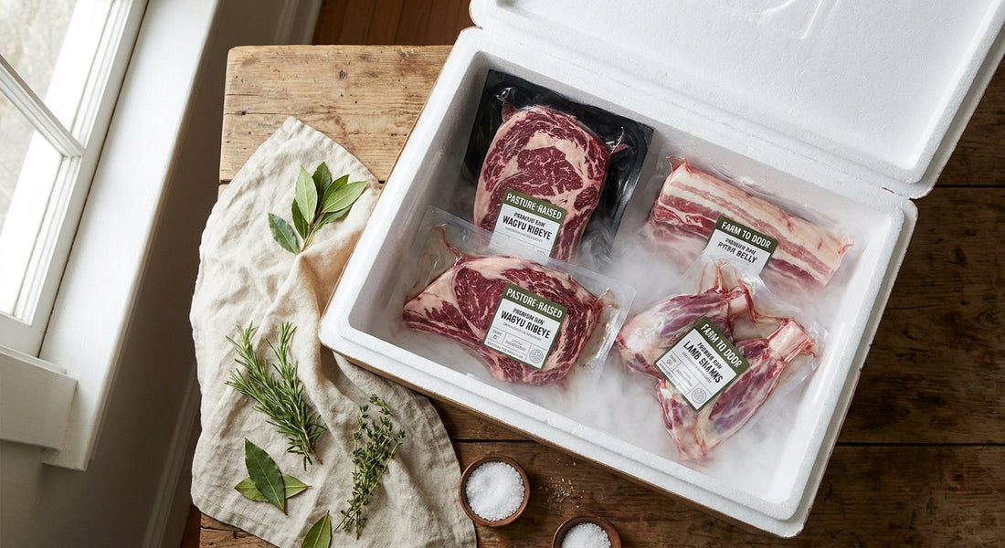 An overhead view of an open insulated delivery box filled with neatly packed vacuum-sealed halal meat cuts surrounded by fresh herbs on a warm wooden surface.