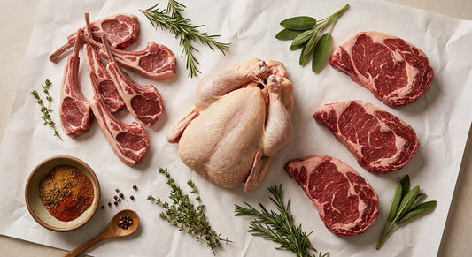 An overhead editorial flat lay of premium halal meat cuts including lamb chops, chicken, and beef arranged on white butcher paper with fresh herbs and spices.