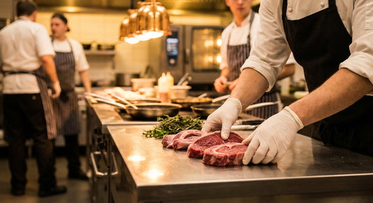 A chef carefully prepares premium cuts of fresh halal meat on a stainless steel surface in a warmly lit commercial kitchen with a bustling restaurant visible in the background.