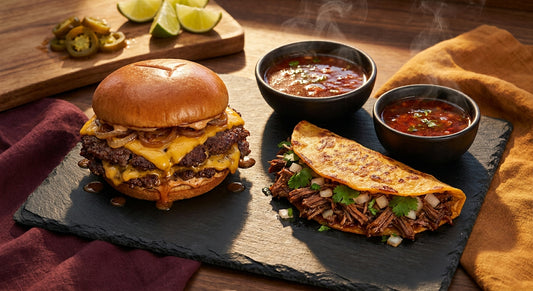 A close-up overhead view of a crispy smash burger and a glistening birria taco side by side on a dark slate surface under warm golden light.