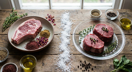 A side-by-side flat lay of two carefully arranged portions of fresh raw meat on a wooden surface, separated by a line of coarse salt, evoking a visual comparison between halal and kosher food traditions.