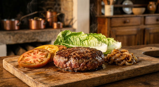 A thick, juicy seared beef patty with visible marbling resting on a rustic wooden board surrounded by fresh burger toppings in warm golden kitchen light.