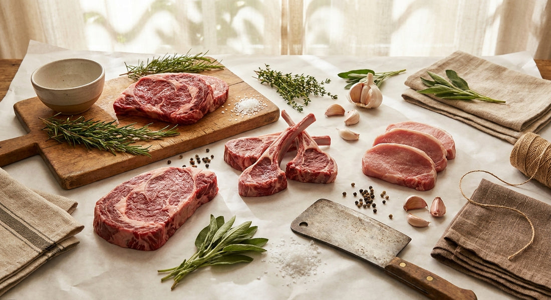 A clean editorial flat lay of fresh premium meat cuts on white butcher paper with herbs and wooden accents, bathed in warm natural light.