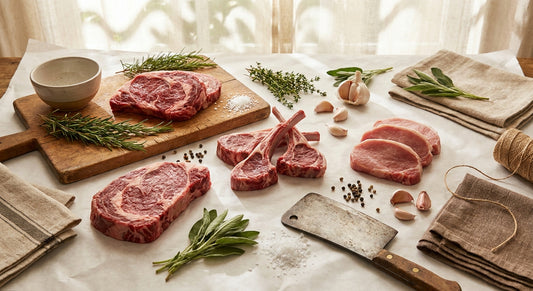 A clean editorial flat lay of fresh premium meat cuts on white butcher paper with herbs and wooden accents, bathed in warm natural light.