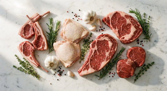 Premium fresh halal meat cuts including lamb chops, chicken, and beef arranged on a white marble surface with fresh herbs and natural lighting.