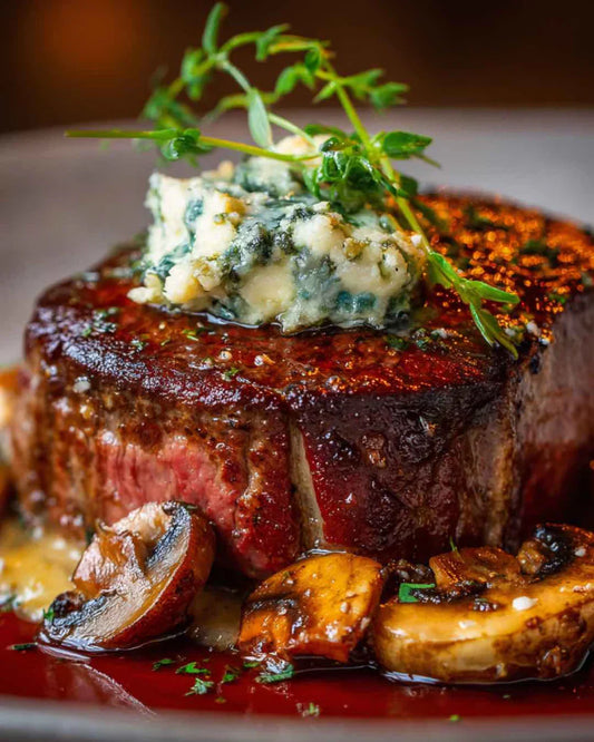 Pan-seared halal grass-fed filet mignon with a rich herb pan sauce