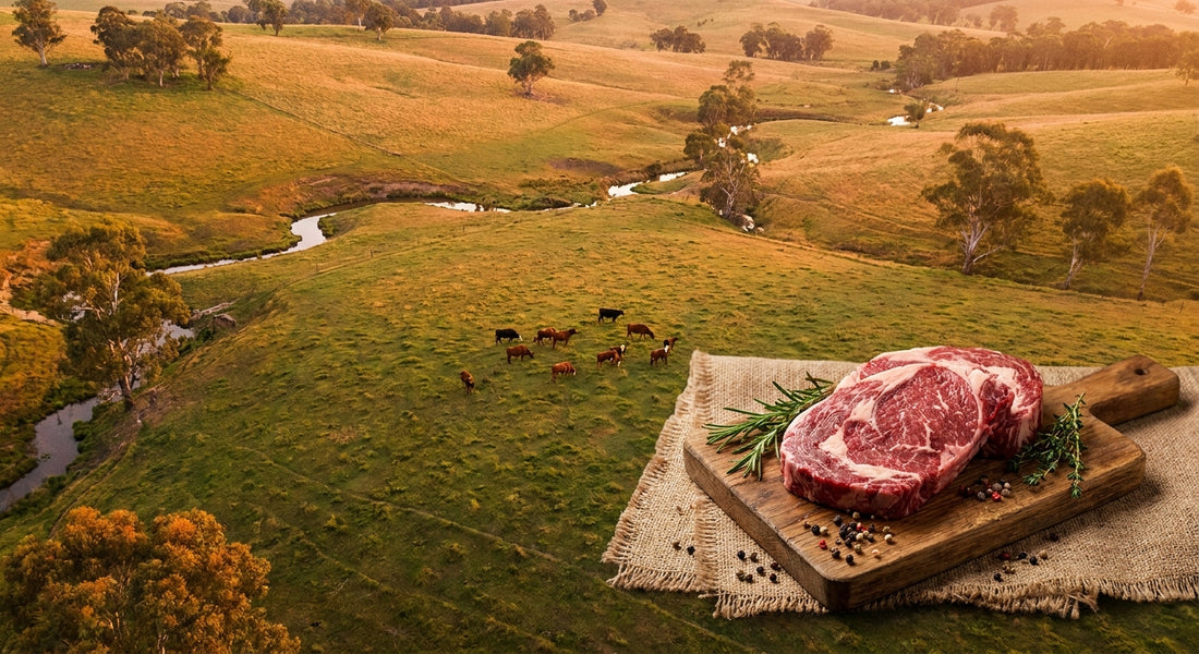 A split pastoral scene showing grass-fed cattle grazing on sunlit Australian plains alongside premium red meat cuts displayed on a rustic wooden board.