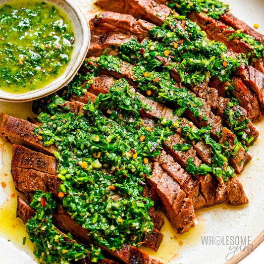 Pan-seared halal grass-fed NY strip steak served with garlicky chimichurri