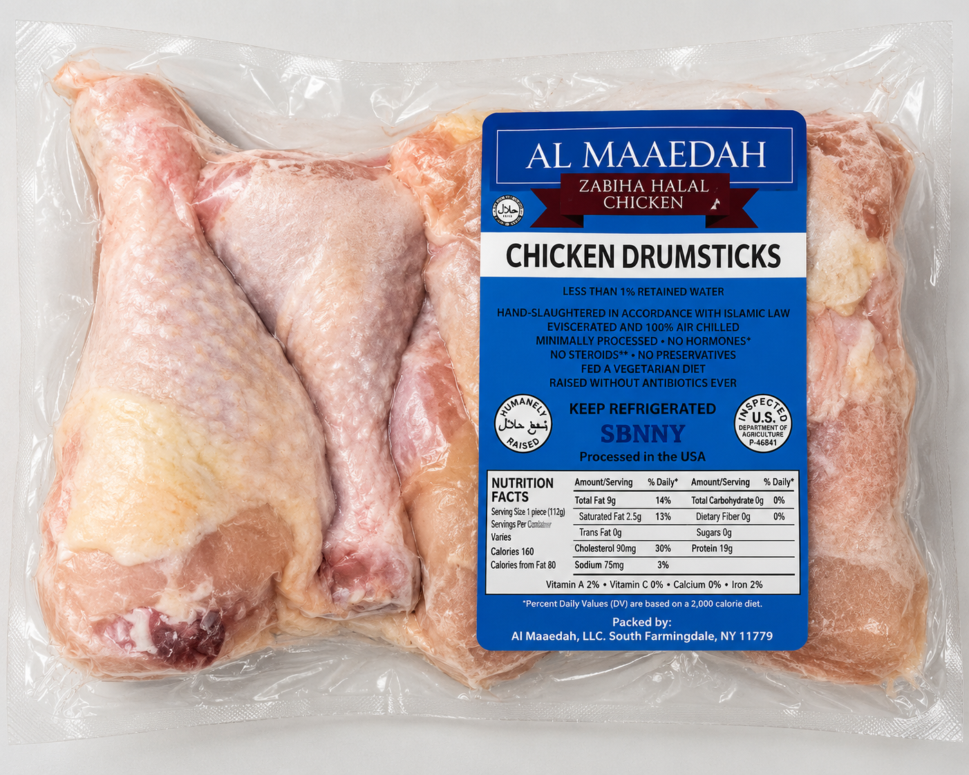 Zabiha Halal Skin-On Chicken Drumsticks (Antibiotic Free, Air-Chilled) 1 lb Retail Pack