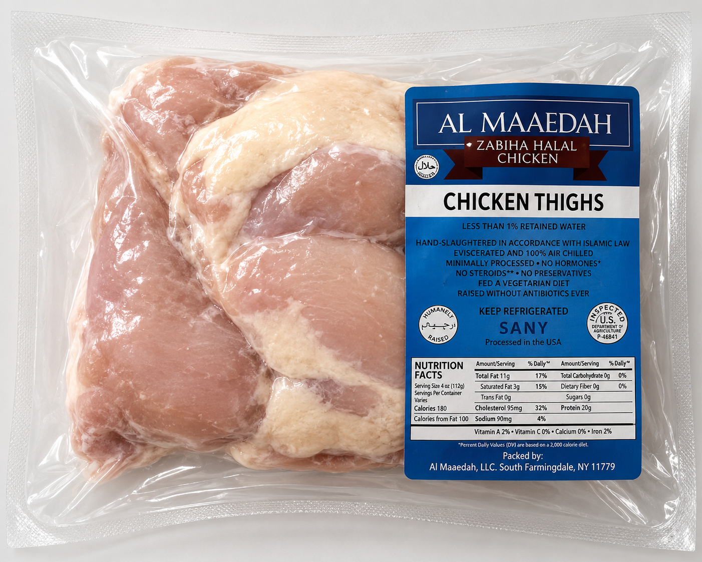 Zabiha Halal Skinless Bone-In Chicken Thighs (Antibiotic Free, Air-Chilled) 1 lb Retail Pack