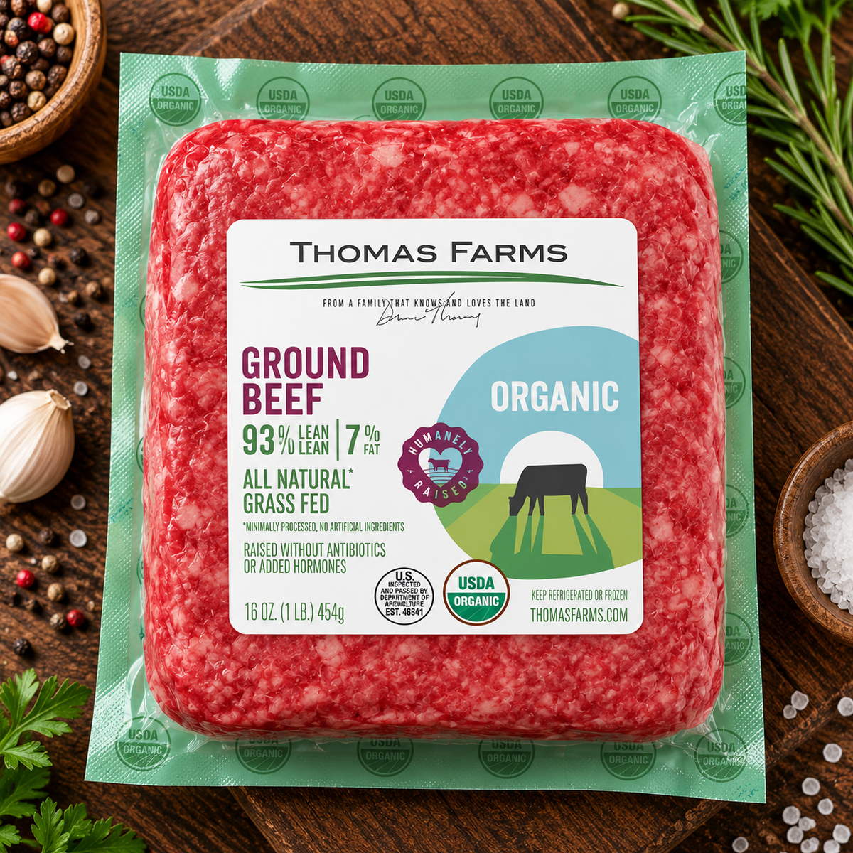 Organic Zabiha Halal Grass-Fed Ground Beef 93/7 1 lb Retail Pack (Non-HFSAA)
