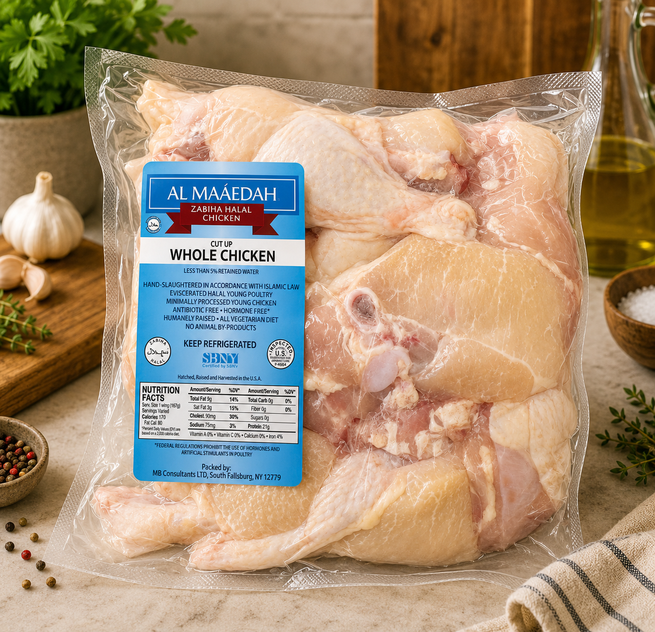 Zabiha Halal 16 Piece Skinless Cut-Up Chicken (Antibiotic Free, Air-Chilled) 3-3.5 lb Retail Pack