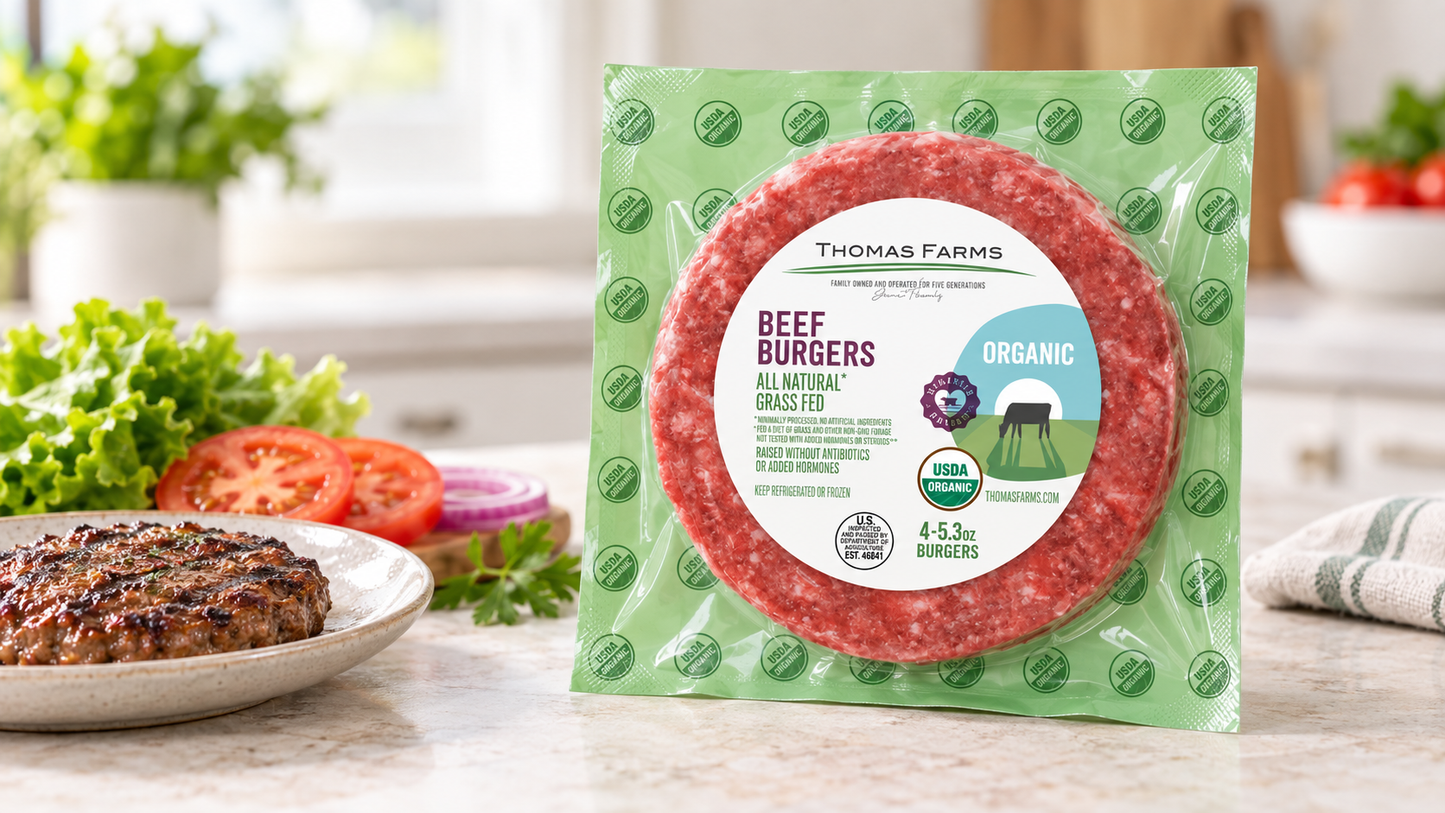Organic Zabiha Halal Grass-Fed Ground Beef Burger 4-4oz Patties Retail Pack
