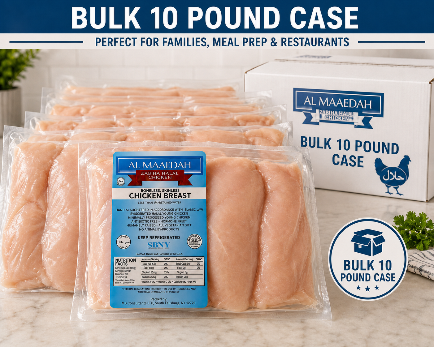 Zabiha Halal Boneless Skinless Chicken Breast (Antibiotic Free, Air-Chilled) Bulk 10 lbs