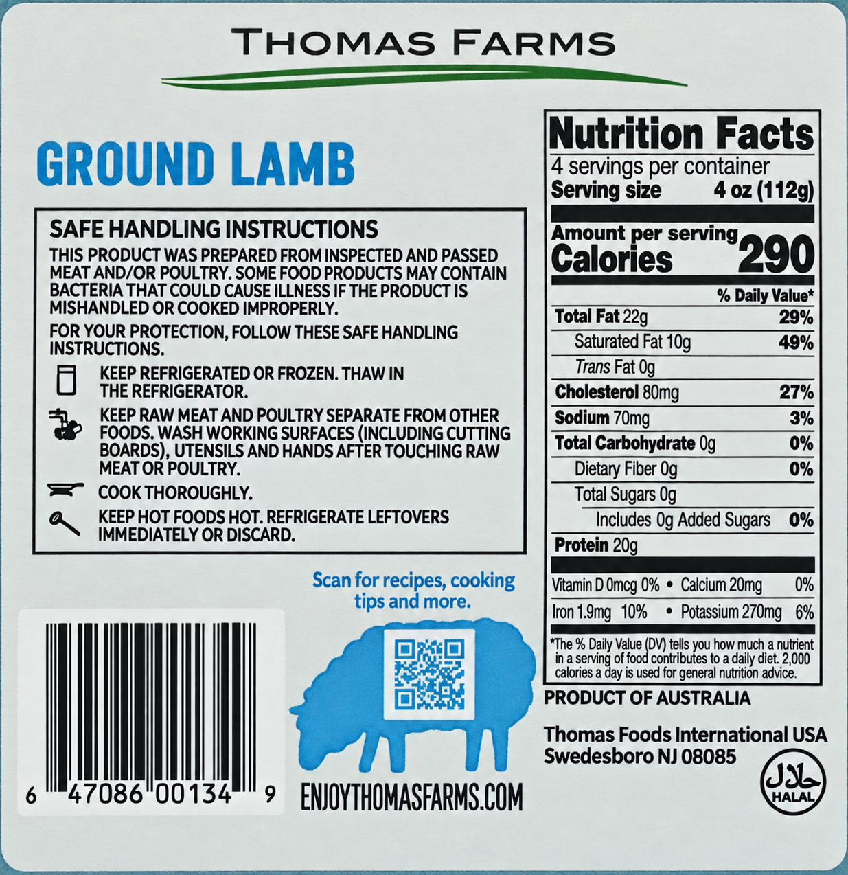 Zabiha Halal Free-Range Ground Lamb 16oz Retail Pack
