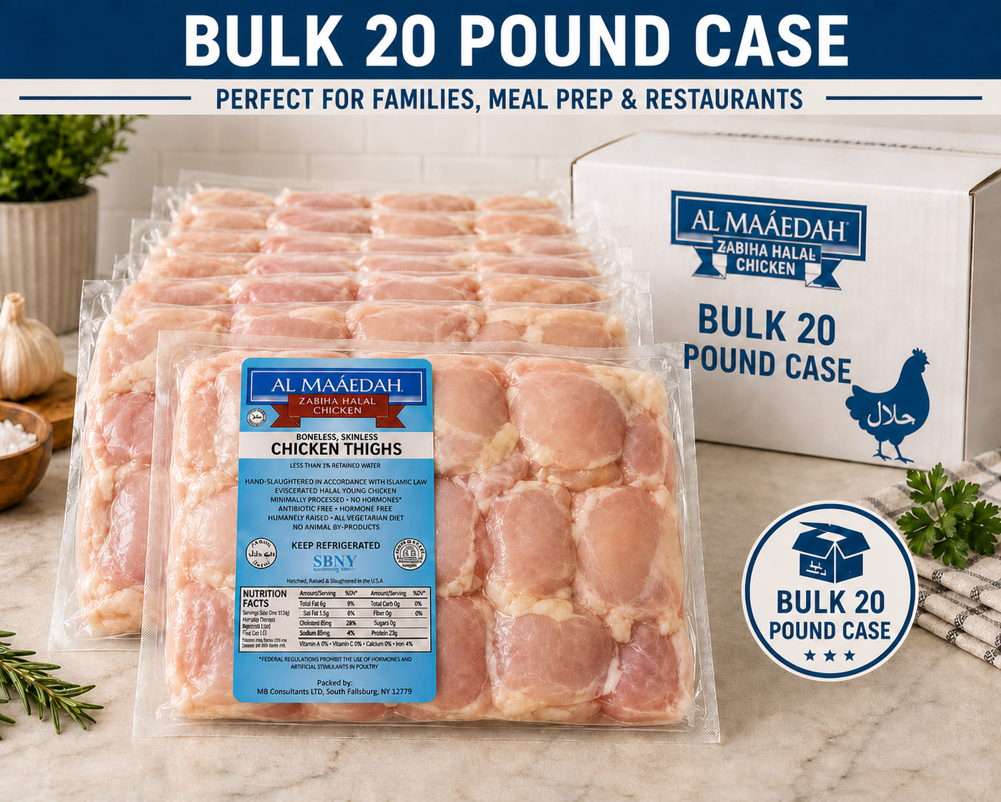 Zabiha Halal Boneless Skinless Chicken Thighs (Antibiotic Free, Air-Chilled) Bulk 20 lbs