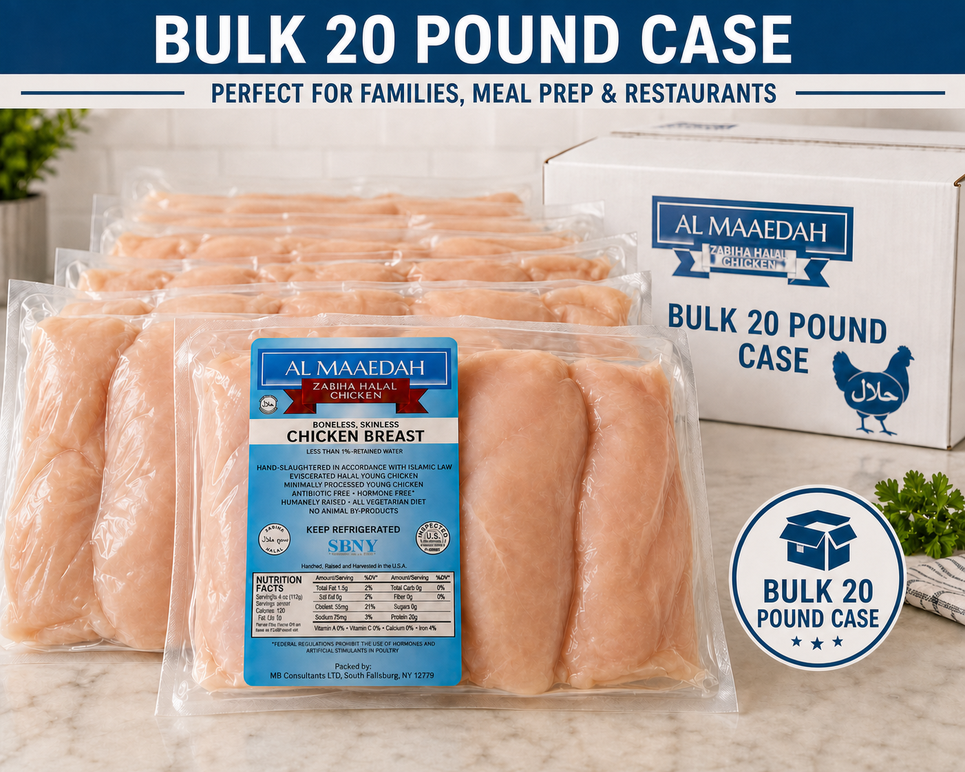 Zabiha Halal Boneless Skinless Chicken Breast (Antibiotic Free, Air-Chilled) Bulk 20 lbs