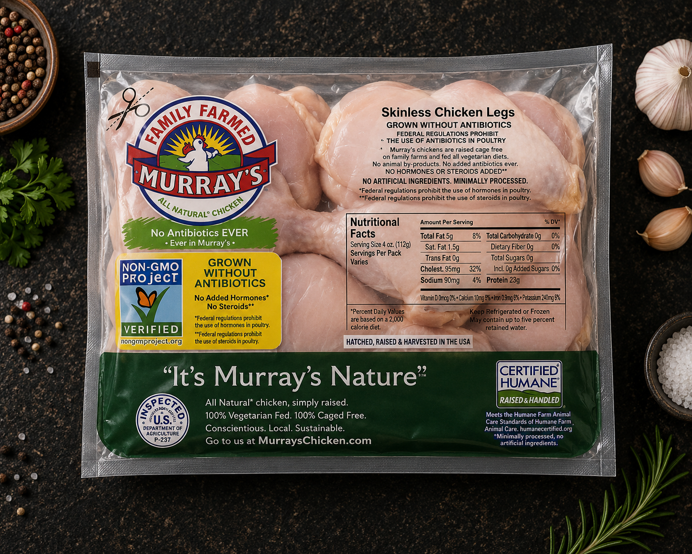 Non-GMO Zabiha Halal Skinless Chicken Legs (Antibiotic Free, Air-Chilled) 1 lb Retail Pack