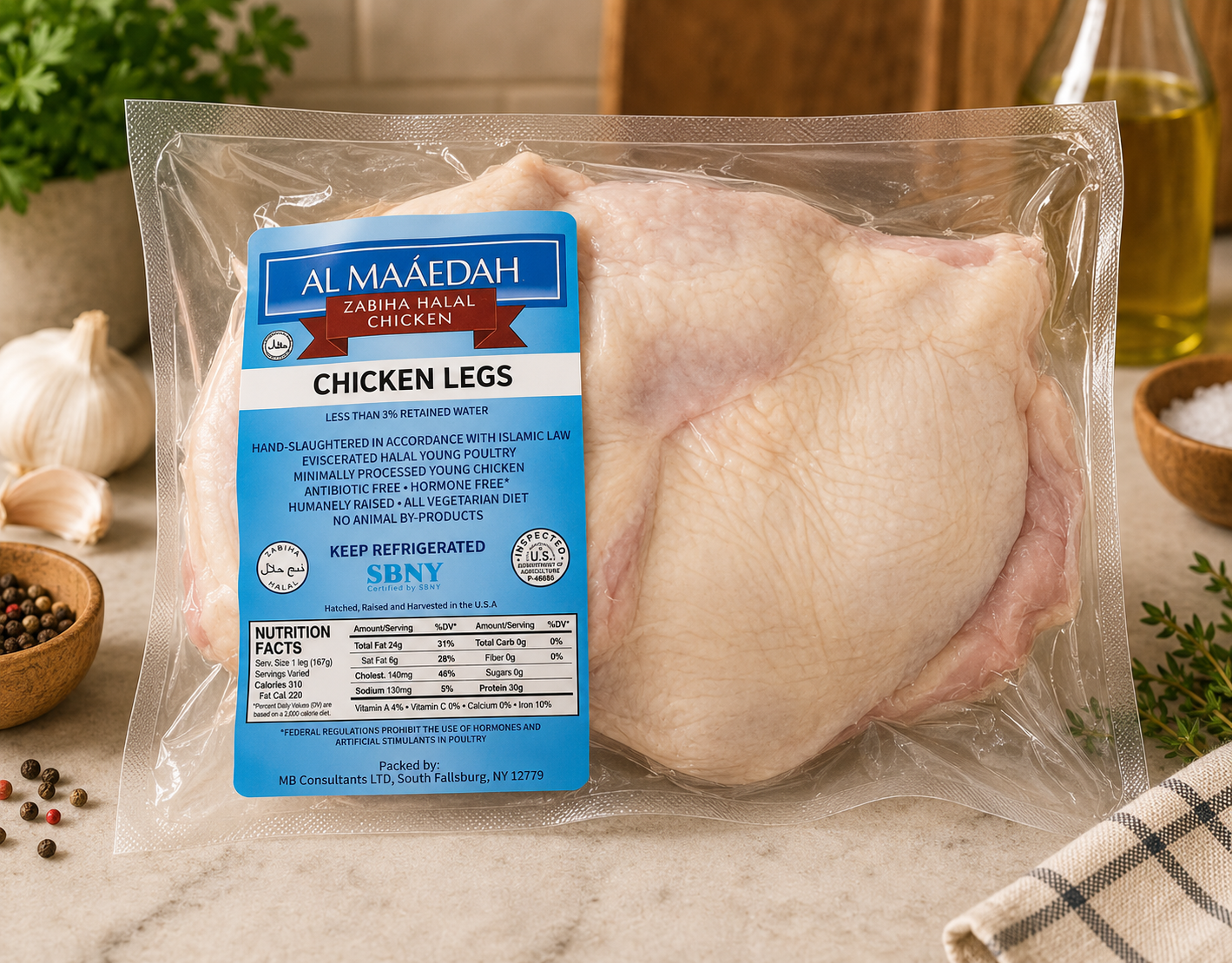 Zabiha Halal Skin-on Legs (Antibiotic Free, Air-Chilled) 1 lb Retail Pack