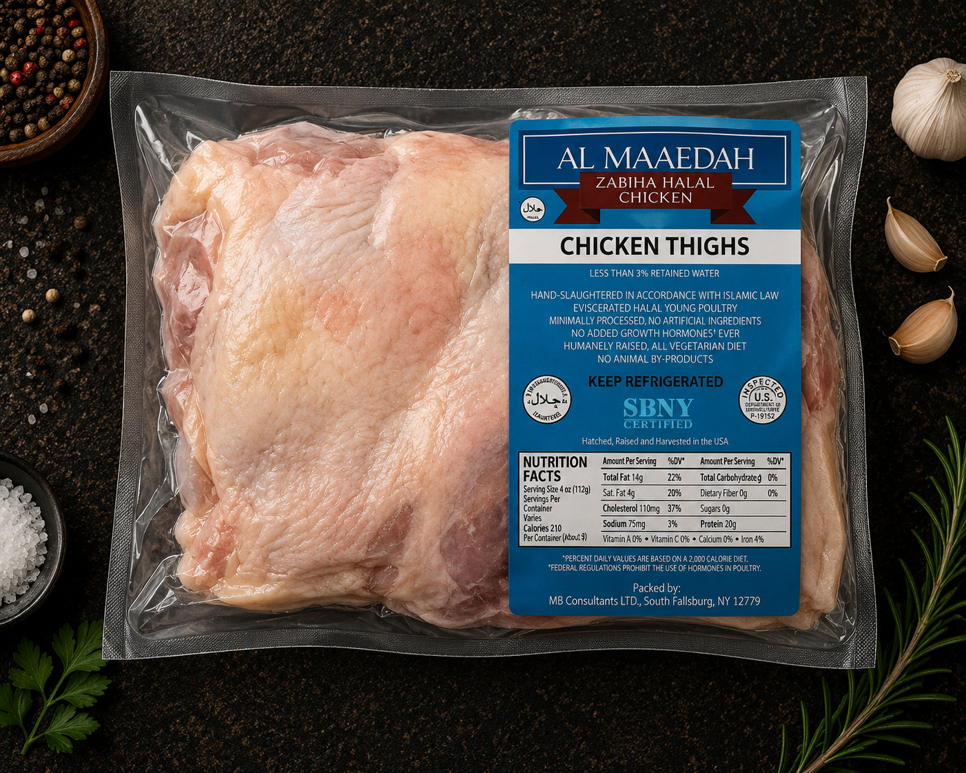 Zabiha Halal Skin-On Bone-In Chicken Thighs (Antibiotic Free, Air-Chilled) 1 lb Retail Pack