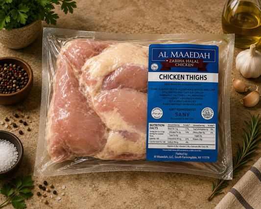 Zabiha Halal Skinless Bone-In Chicken Thighs (Antibiotic Free, Air-Chilled) 1 lb Retail Pack