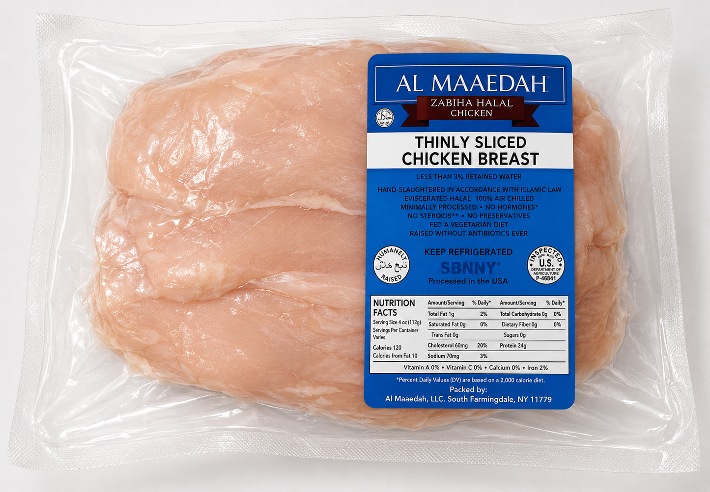 Zabiha Halal Thin Sliced Boneless Skinless Chicken Breast (Antibiotic Free, Air-Chilled) 1 lb Retail Pack