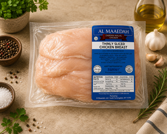 Zabiha Halal Thin Sliced Boneless Skinless Chicken Breast (Antibiotic Free, Air-Chilled) 1 lb Retail Pack